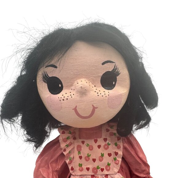 Handmade Vintage Paper Mache Doll With Strawberry Print Apron & Curly Black Hair - Picture 2 of 8